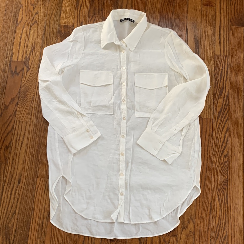 Zara Ivory Longline Button-Up Shirt with Patch Pockets